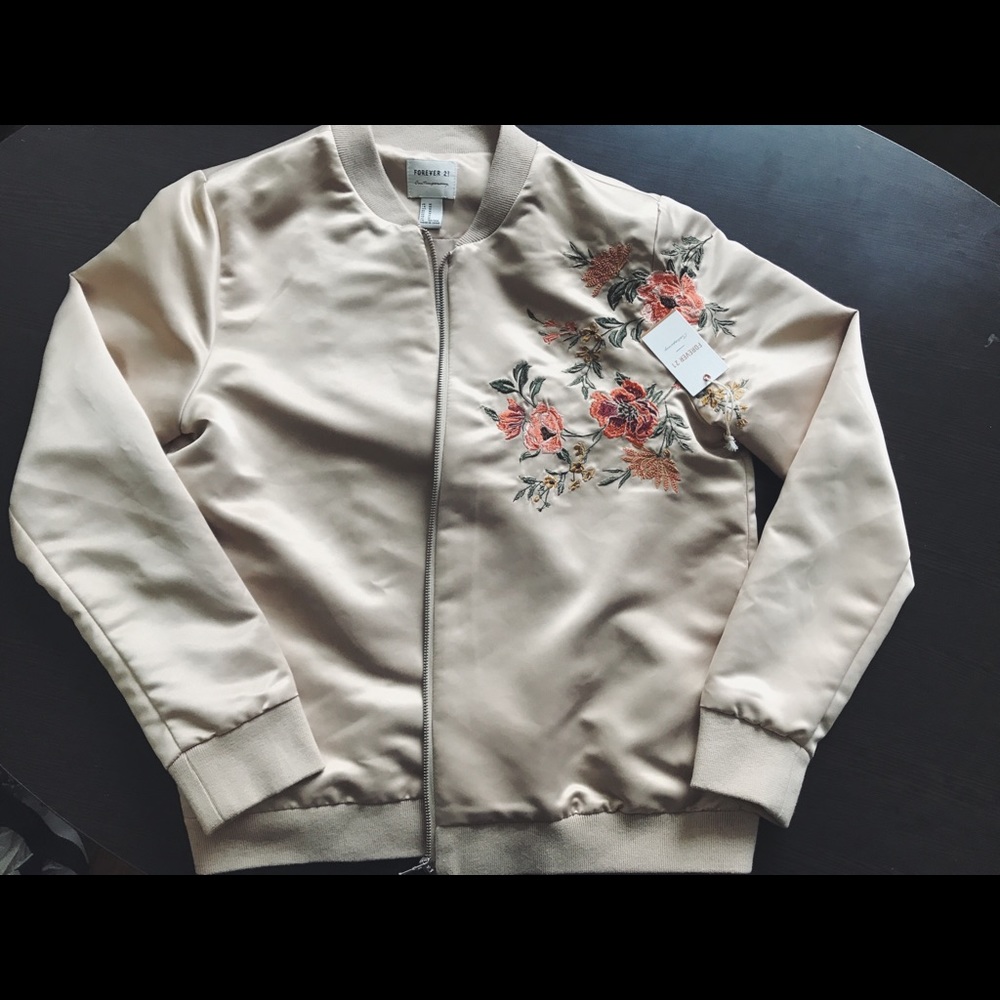 F21 Tan satin bomber embroidered bomber jacket